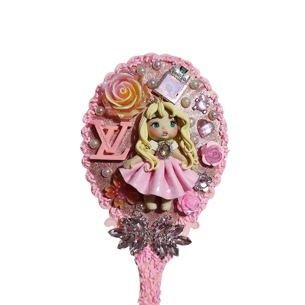 Handheld Beauty Makeup Mirror Clay Doll Bling Embellished Beauty Fashion Pink